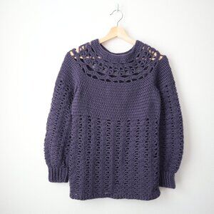 Handmade Open Weave Balloon Sleeve Crochet Sweater | S